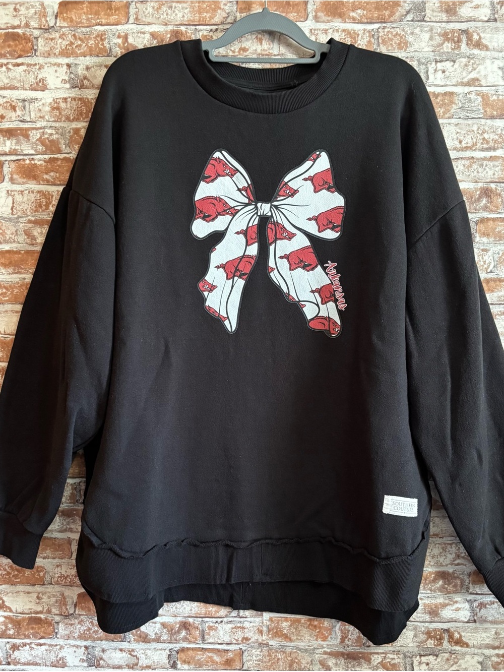 Southern Couture Round Here Sweatshirt with Arkansas Razorback Bow